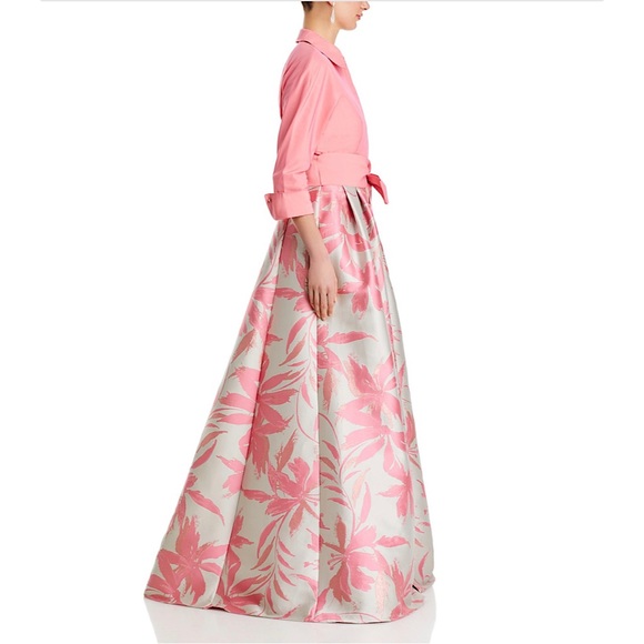 Teri Jon by Rickie Freeman Floral Taffeta Shirt Dress Gown Salmon Pink 4 - Picture 5 of 14